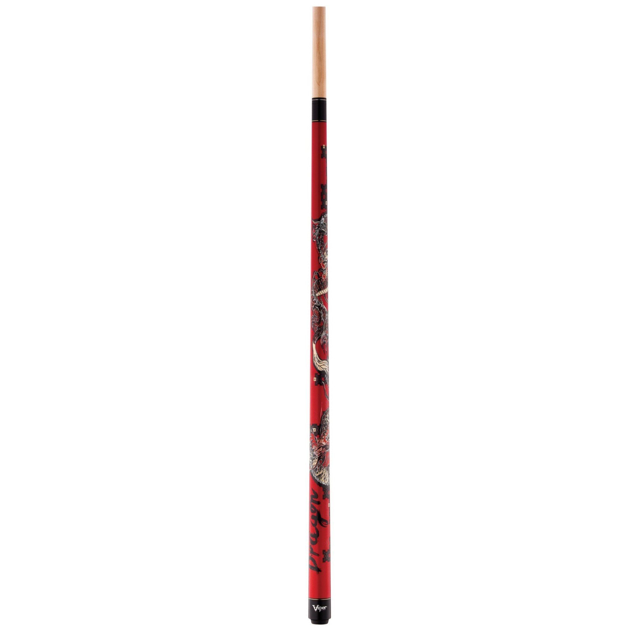 Red billiards cue stick with black wrapping and gray dragon design, natural wood shaft and black grip end