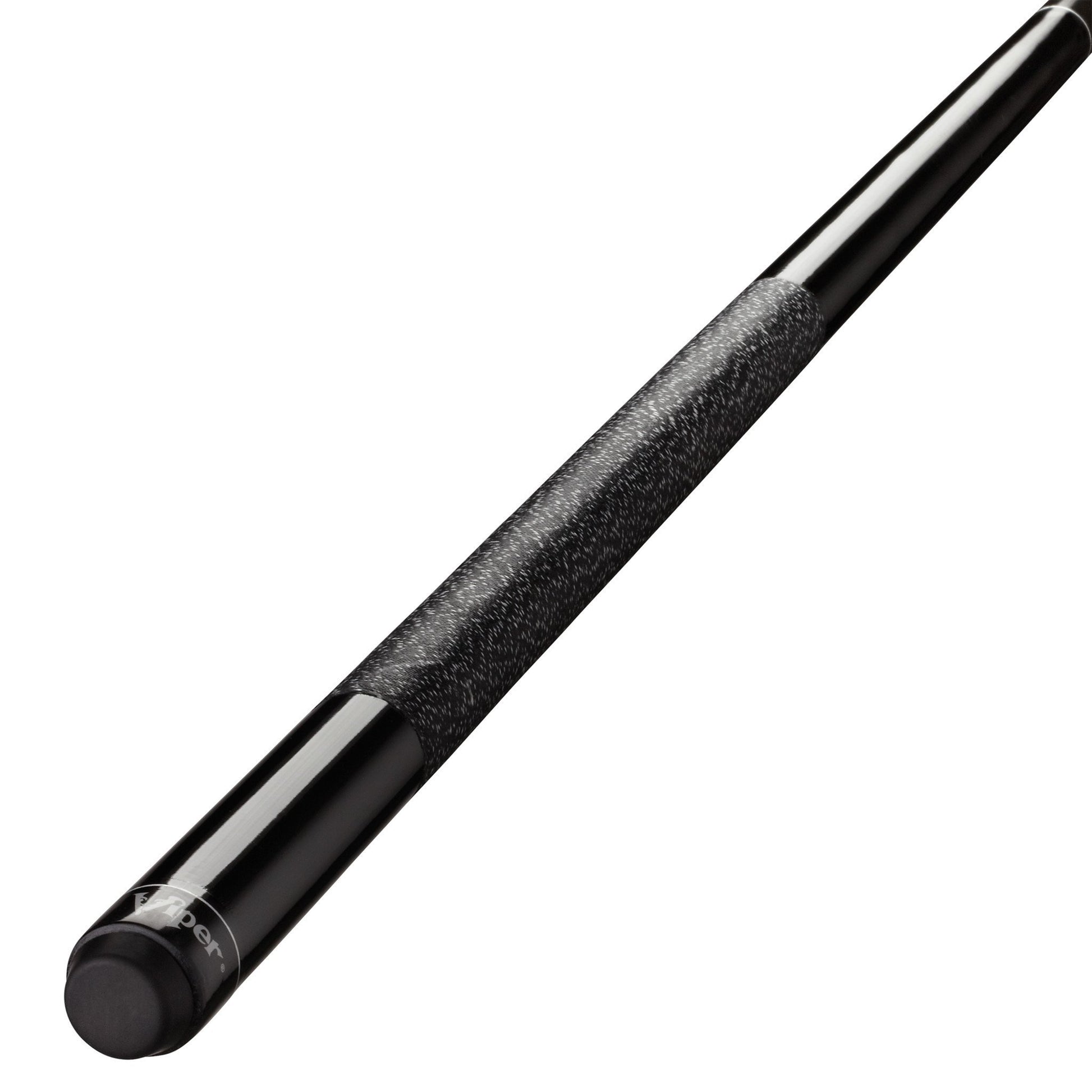 Black billiard cue stick with textured grip section and solid black ferrule and butt end