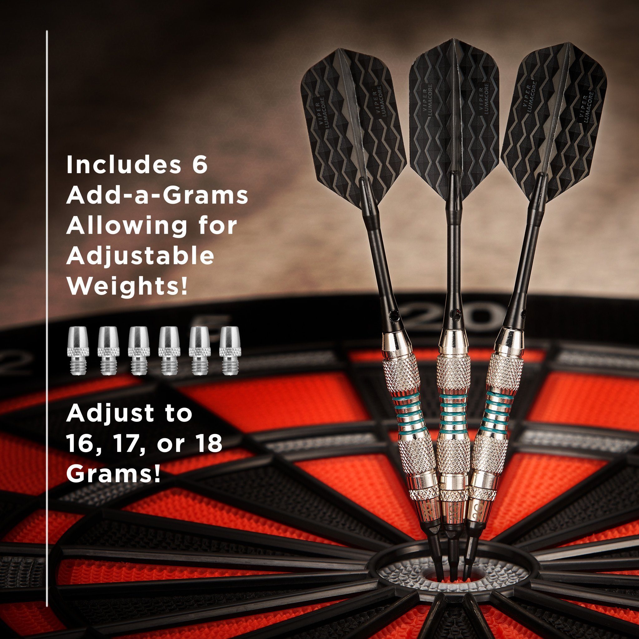 Three darts with black flights and metal barrels inserted in a red and black dartboard