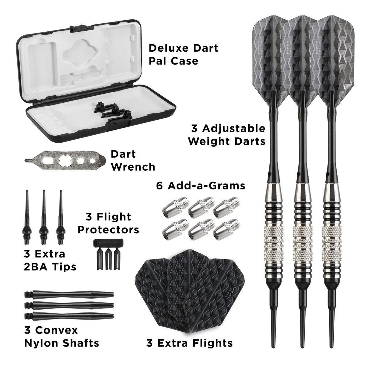 Infographic of dart case contents including three darts, flights, shafts, wrench, and accessories