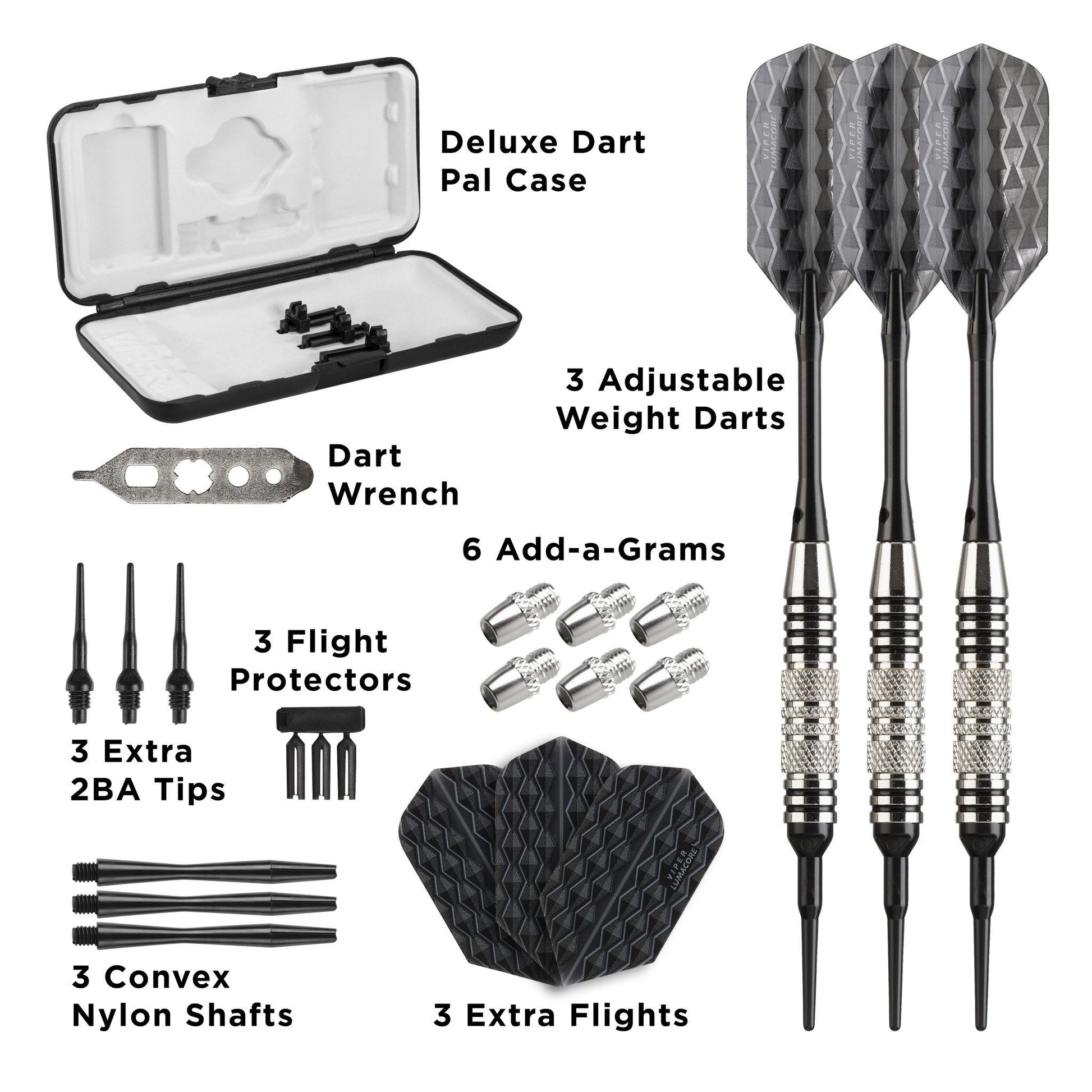 Infographic of dart set contents: case, three darts, wrench, flights, shafts, and accessories