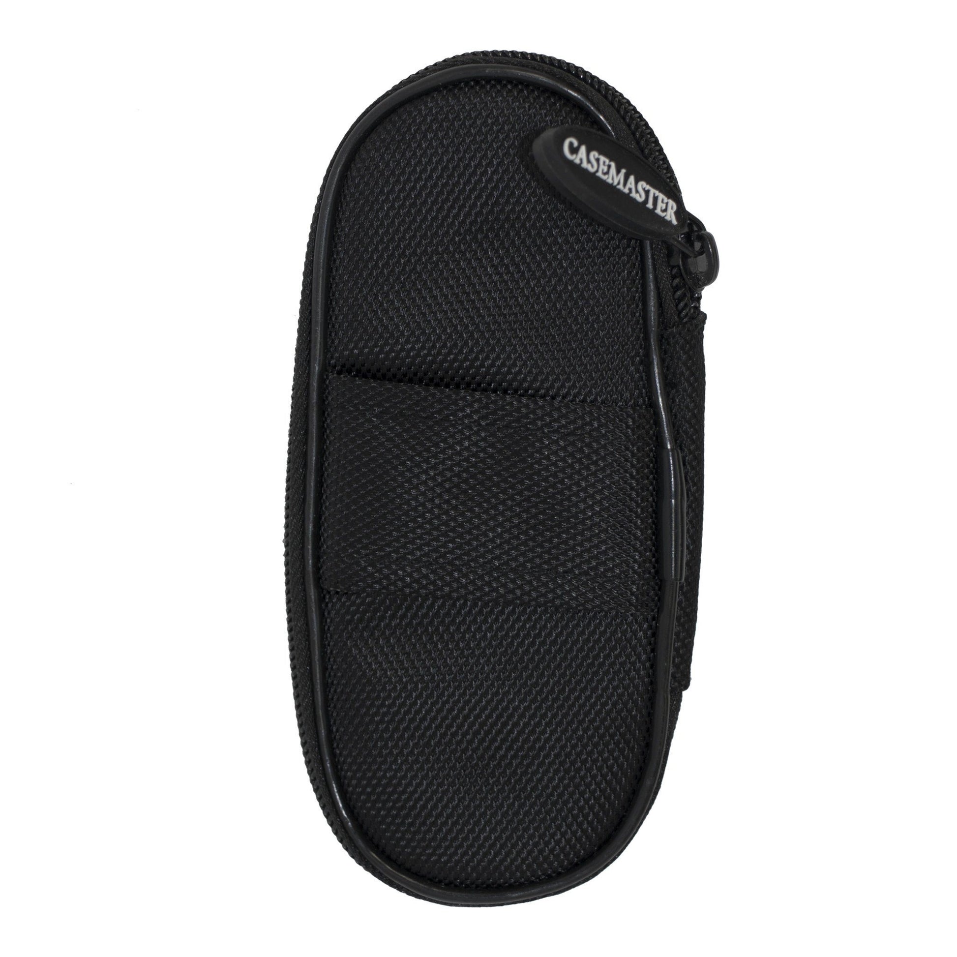 Black mesh dart case with Casemaster logo and zippered compartments for storing darts and accessories