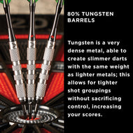 Three silver darts with knurled barrels and black flights resting on a dartboard with red and black segments