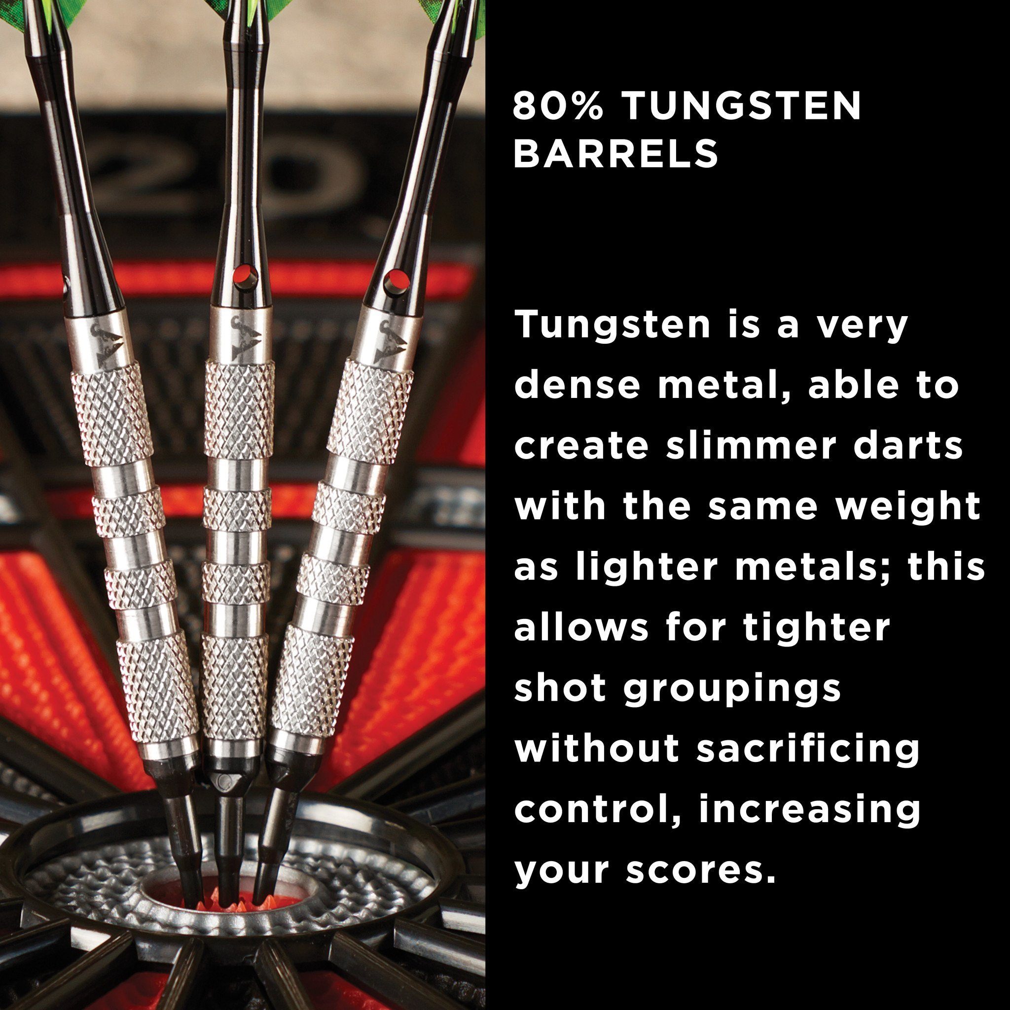 Three silver darts with knurled barrels and black flights resting on a dartboard with red and black segments