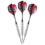 Three darts with red, black, white flights and silver barrels with grip texture