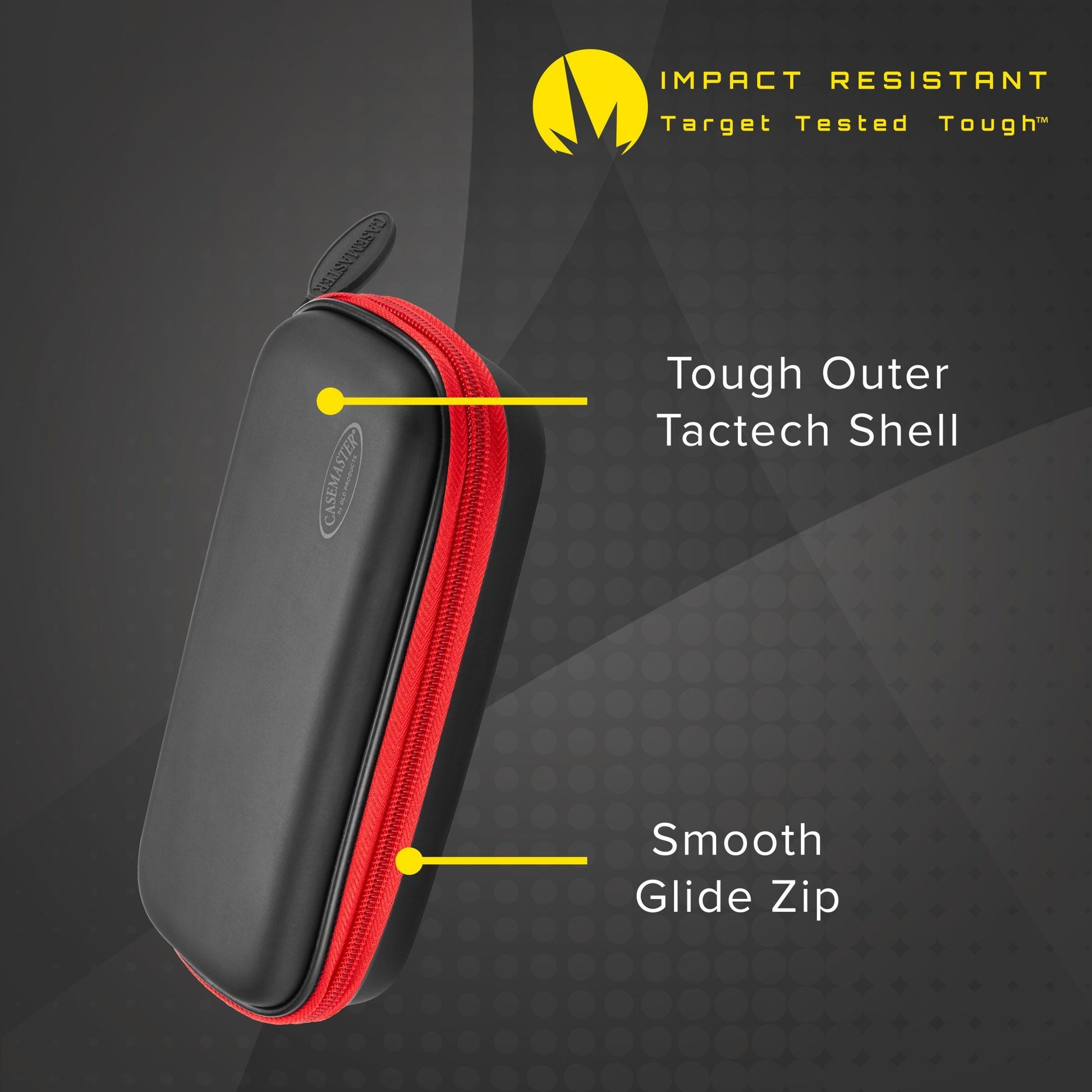 Black oval dart case with red zipper and labeled features