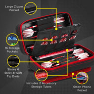 Red and black dart case with labeled storage compartments and zipper pockets