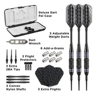 Open box contents: black dart case, three darts with purple rings, wrench, weights, shafts, and flights