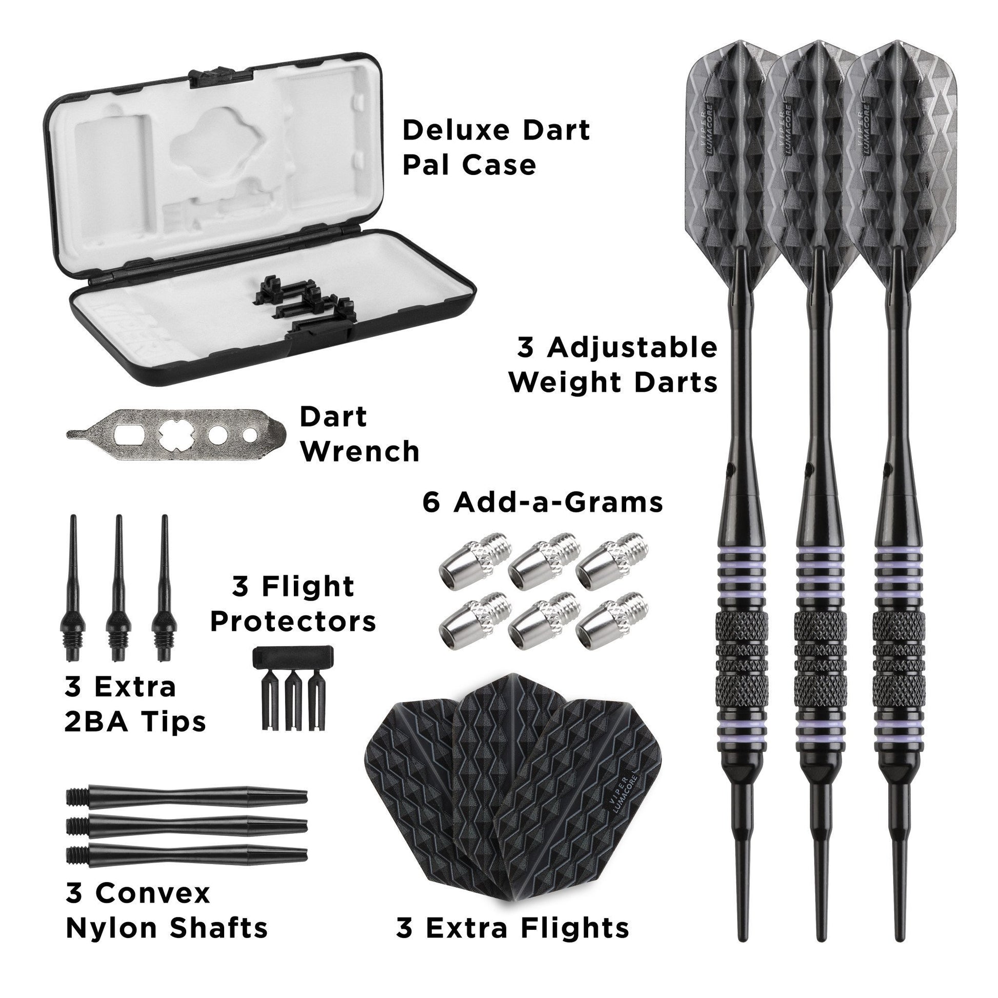 Open box contents: black dart case, three darts with purple rings, wrench, weights, shafts, and flights