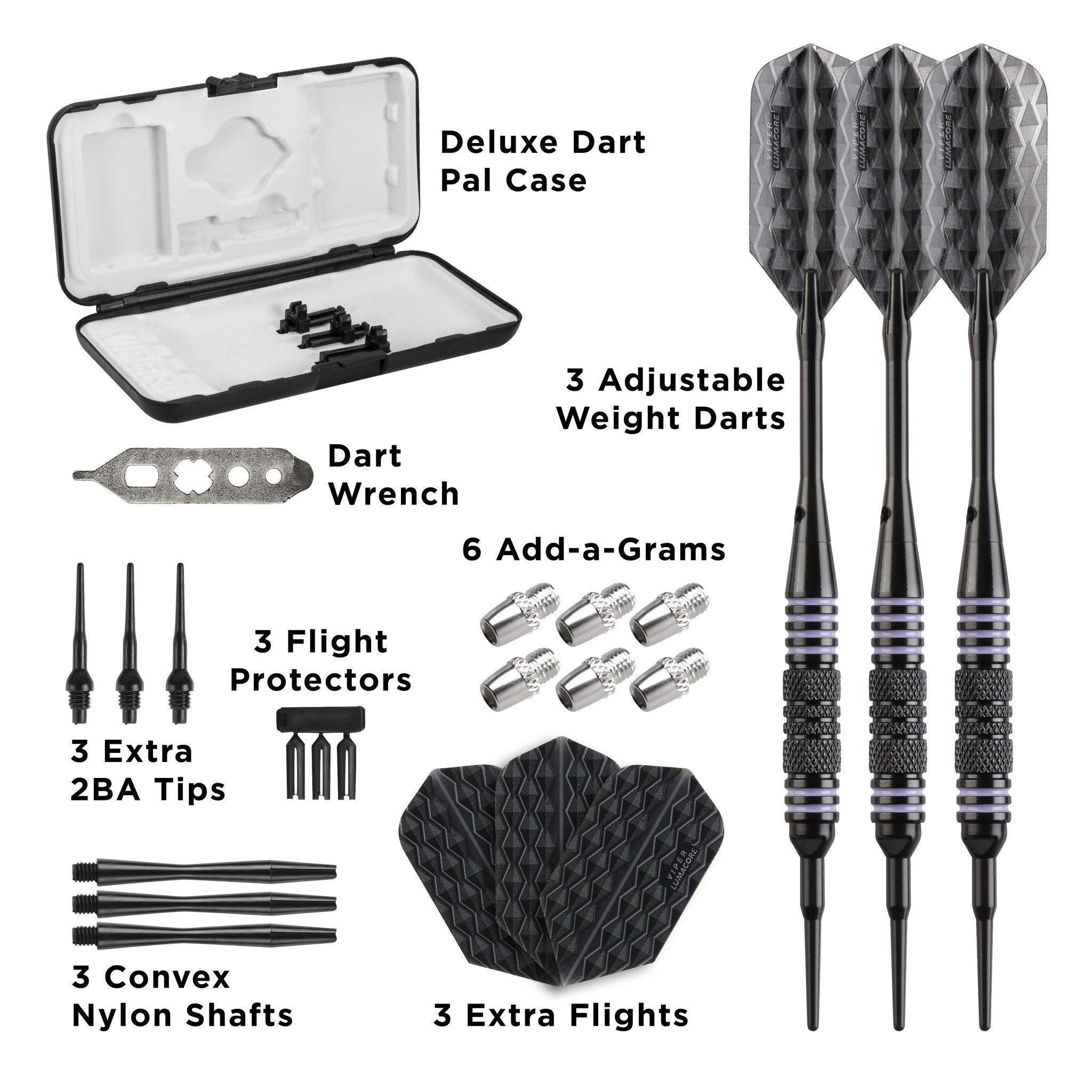 Open box contents: black dart case, three darts with purple rings, wrench, weights, shafts, and flights