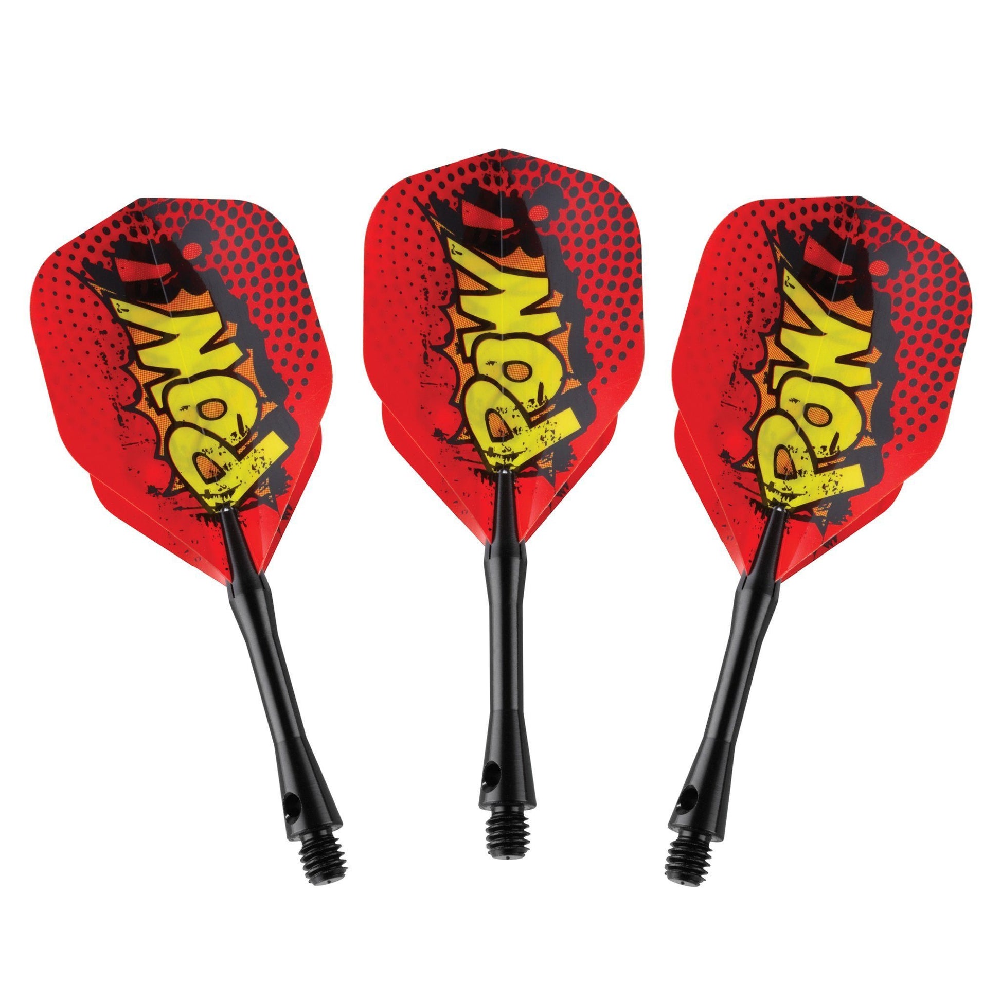 Three red darts with black stems and yellow comic-style graphics on flights