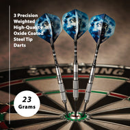 Three darts with blue cloud flights and metal barrels in a dartboard