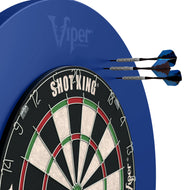 Blue dartboard surround with Nodor Shotking board and three blue darts with brass barrels