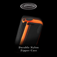 Casemaster brand black nylon dart case with orange zipper and trim on black background