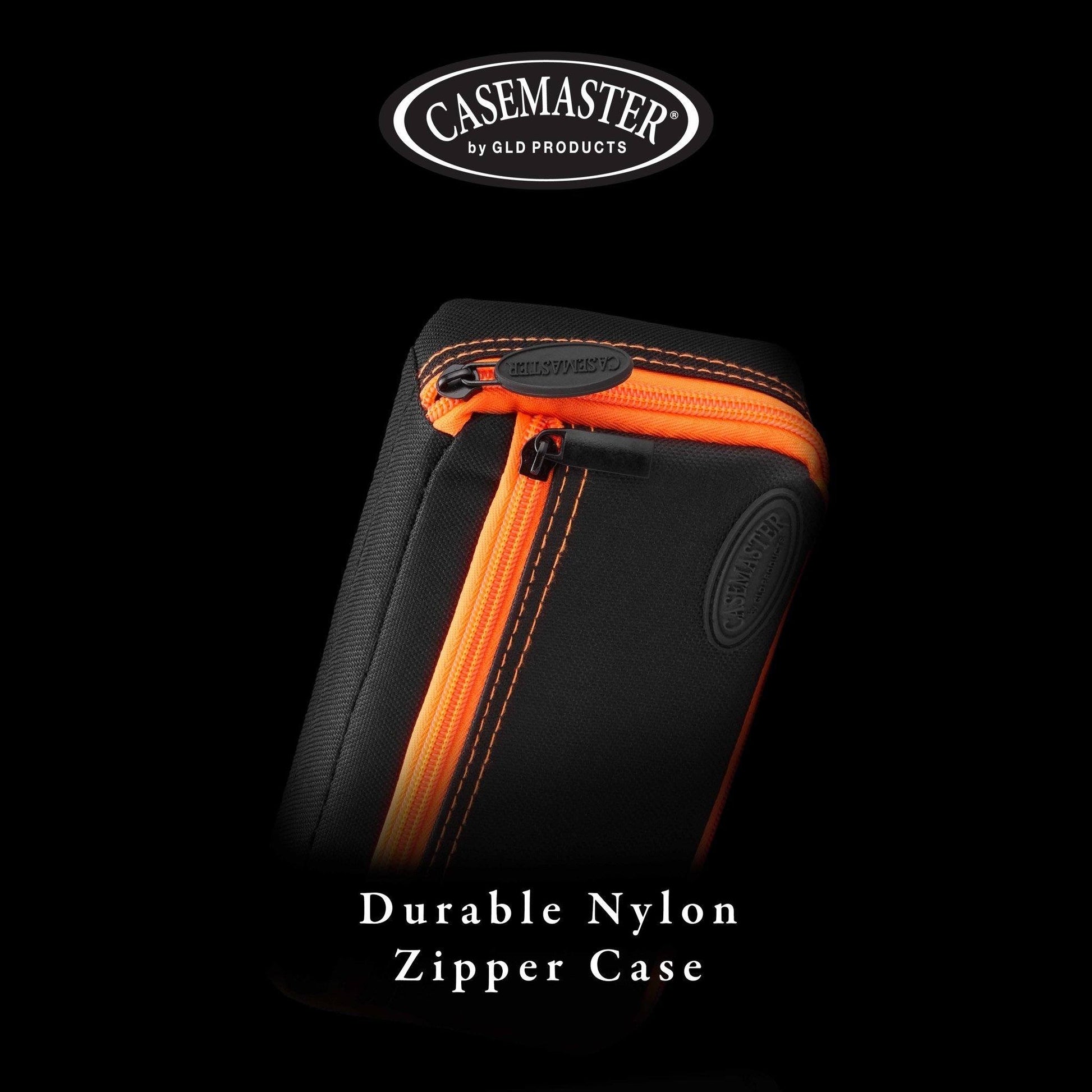 Casemaster brand black nylon dart case with orange zipper and trim on black background