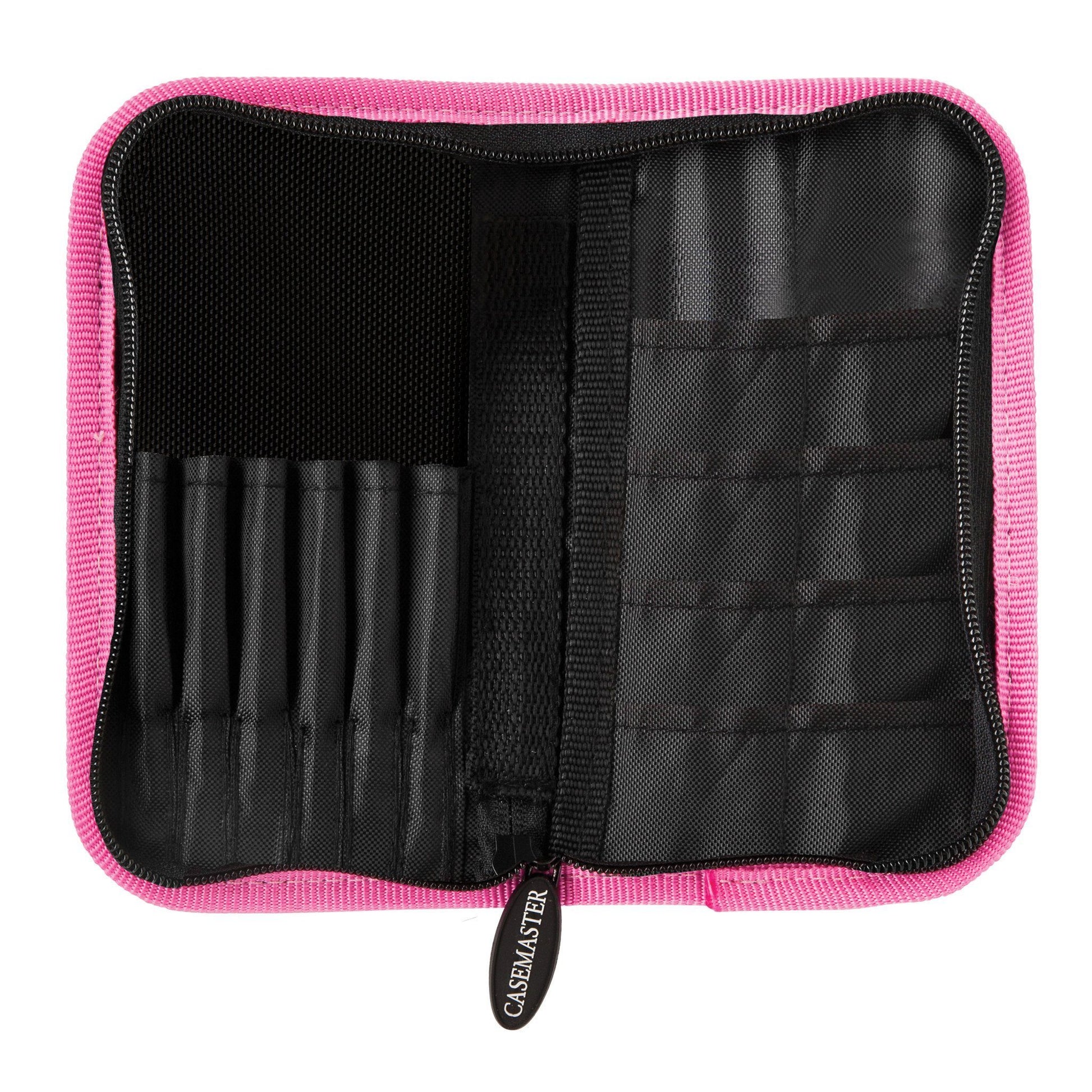 Pink nylon dart case with black interior mesh pockets and zipper, open to show storage compartments