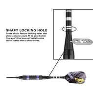 Diagram of dart with black shaft, purple grip bands, and feathered flight showing locking hole detail