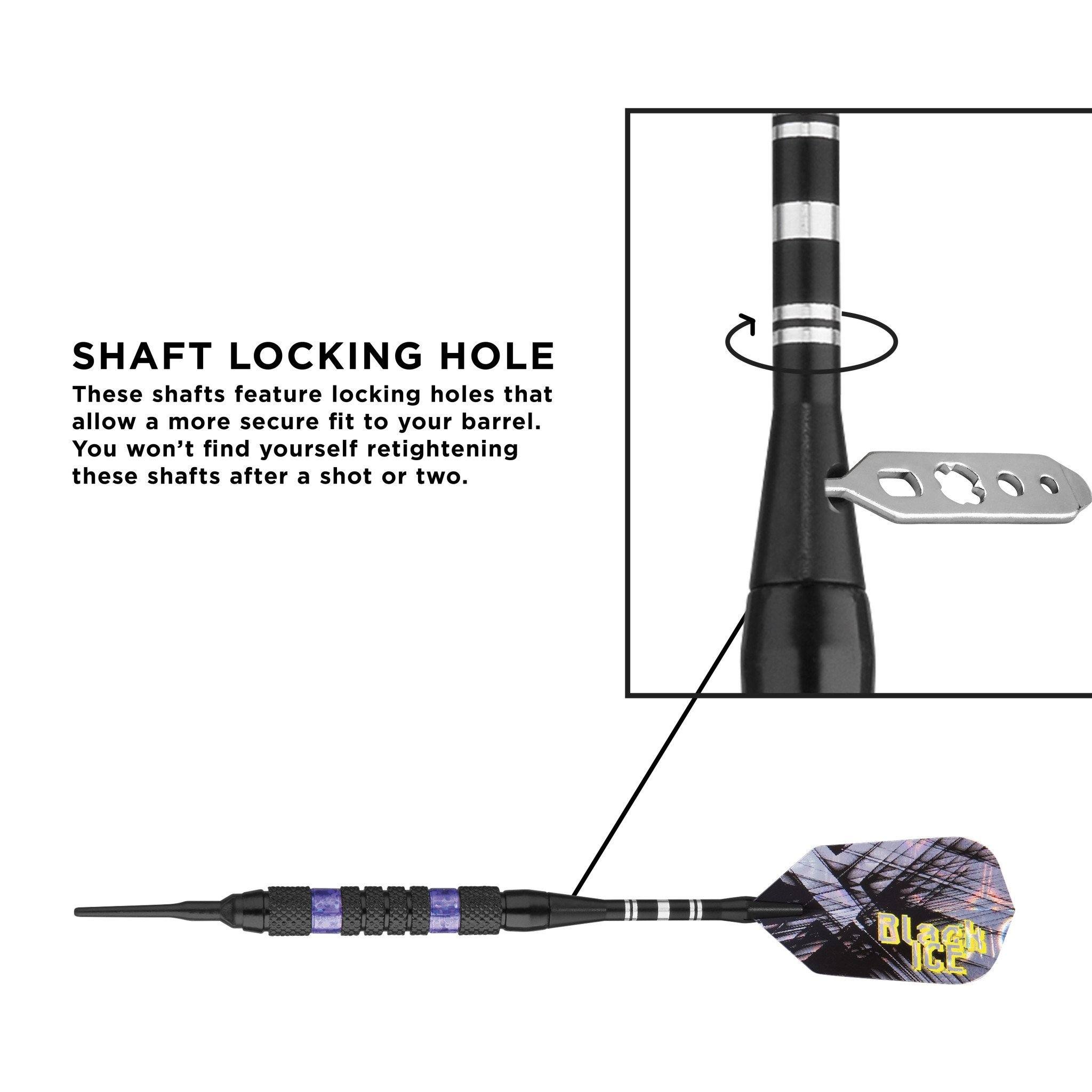 Diagram of dart with black shaft, purple grip bands, and feathered flight showing locking hole detail