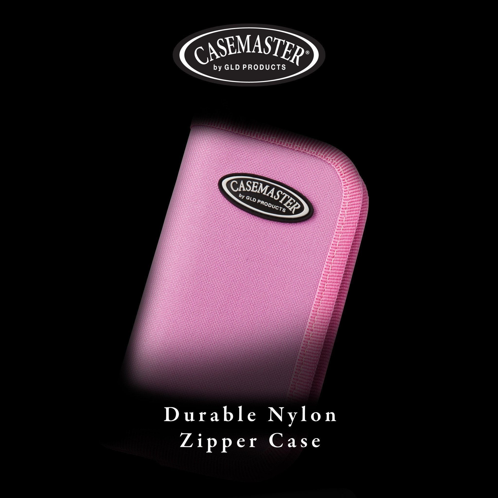 Pink nylon zipper case with Casemaster logo on front panel against black background
