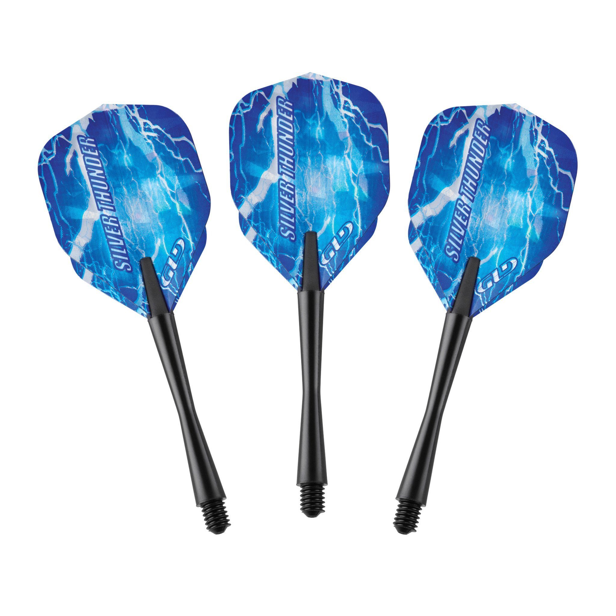Three darts with blue lightning bolt design flights and black aluminum shafts arranged in a row