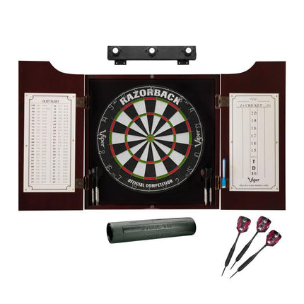 Viper Razorback Sisal Dartboard, Hudson Cabinet, Dart Mat, Black Mariah Steel Tip Darts & Shadow Buster Dartboard Light Bundle Darts Viper 