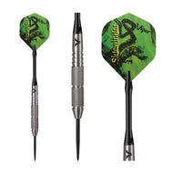 Three darts with green flights, black serpent designs, metal barrels, and steel tips