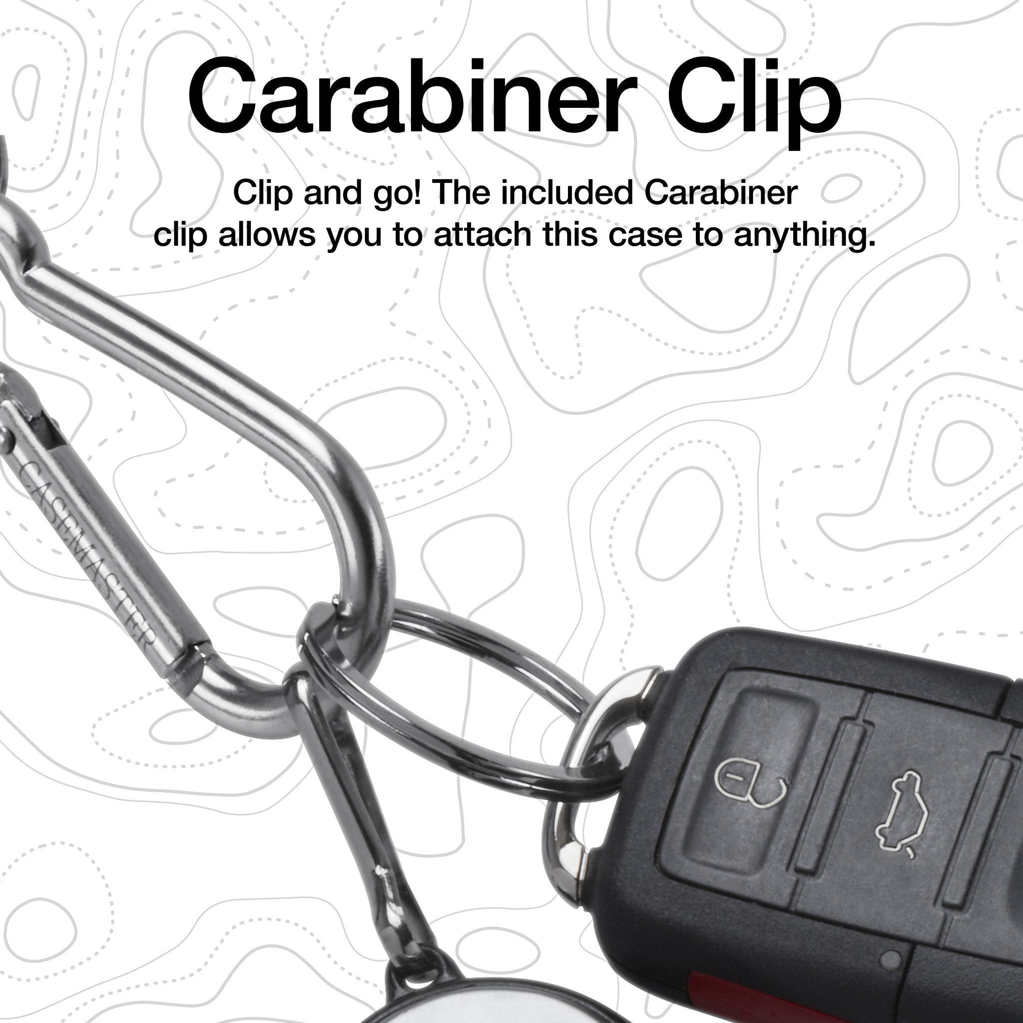 Carabiner clip attached to metal loop on black dart case with marketing text overlay