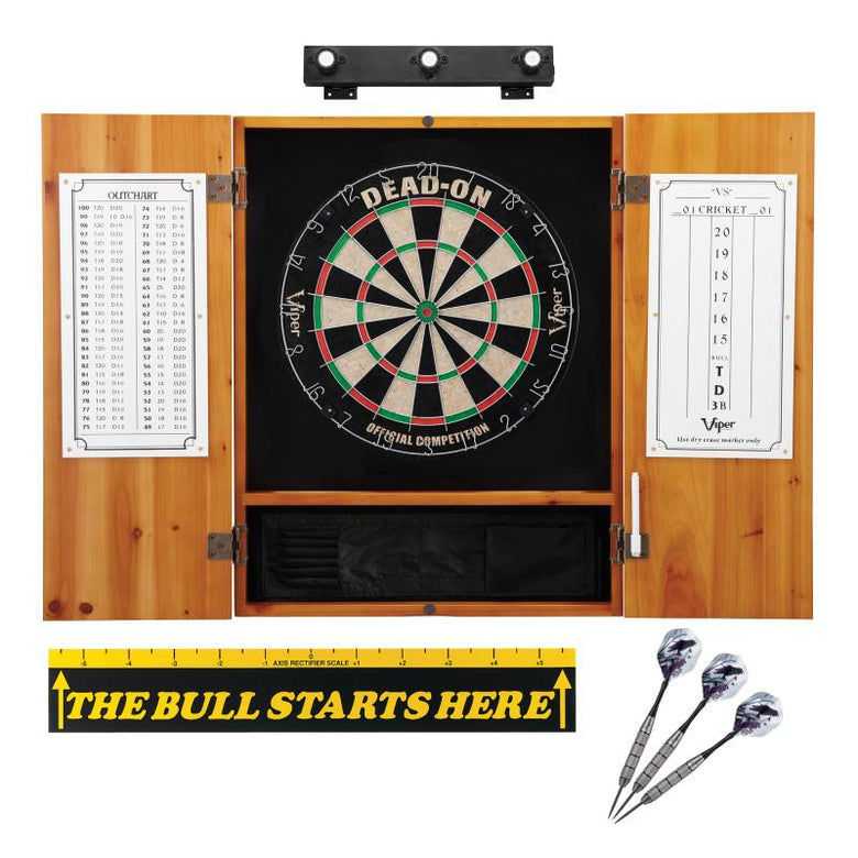 Viper Dead On Sisal Dartboard, Metropolitan Oak Cabinet, Shadow Buster Dartboard Lights & "The Bull Starts Here" Throw Line Marker Darts Viper 