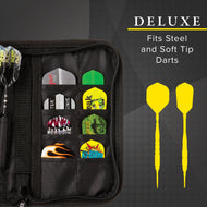 Black nylon case holding eight dart flights and two yellow soft-tip darts
