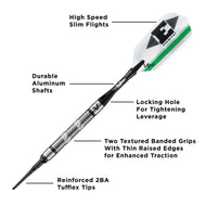 Dart with white and green flight, black shaft, textured grip, and black tip with labeled components