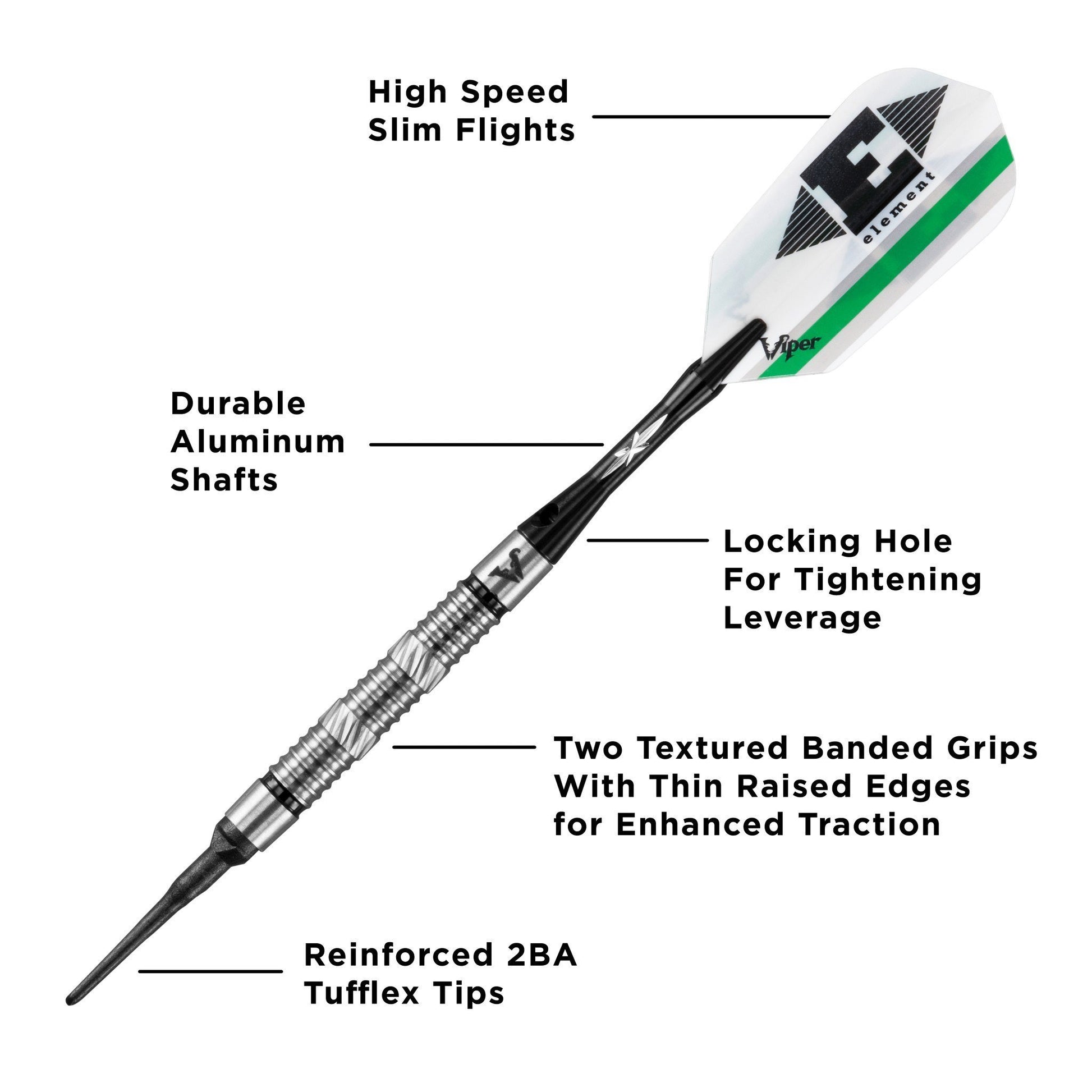 Dart with white and green flight, black shaft, textured grip, and black tip with labeled components