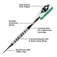 Dart with white and green flights, black shaft, knurled grip, and tapered tip with labeled components