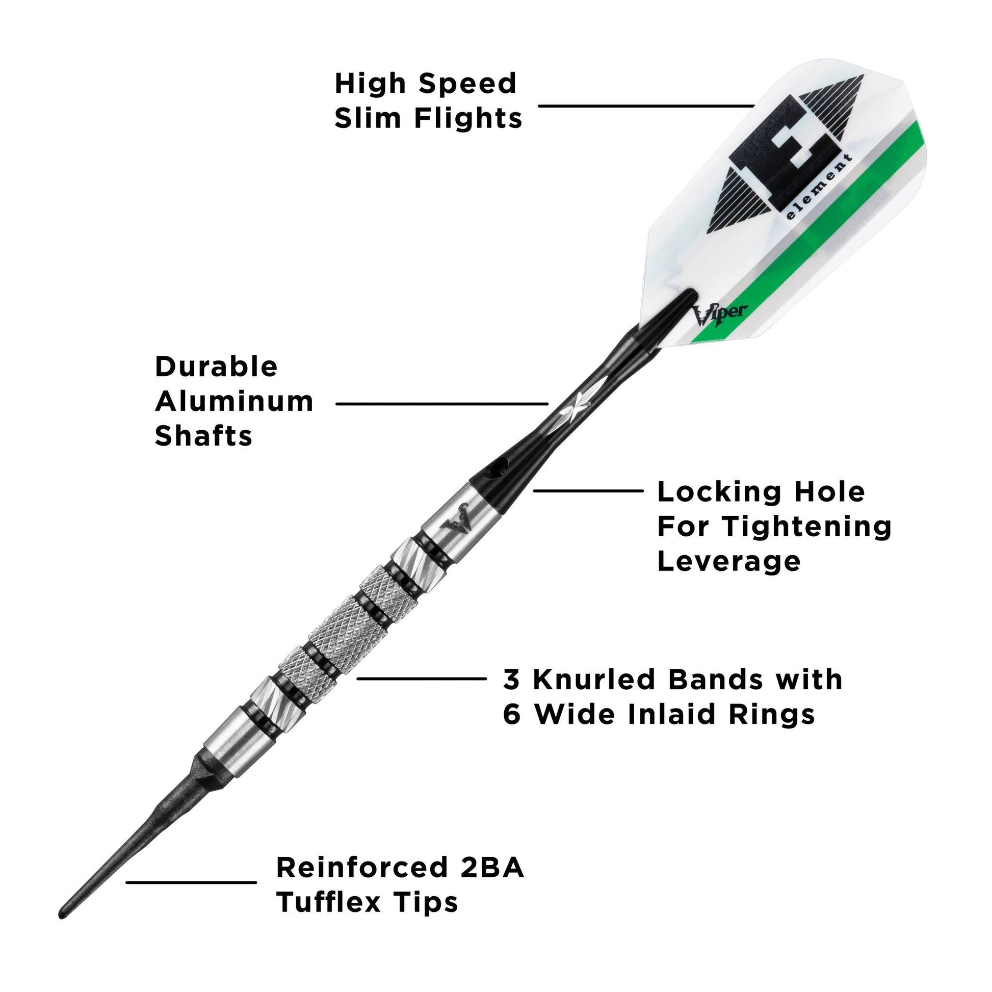 Dart with white and green flights, black shaft, knurled grip, and tapered tip with labeled components