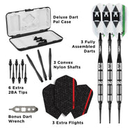 Infographic showing dart set with case, three assembled darts, shafts, tips, flights, and wrench