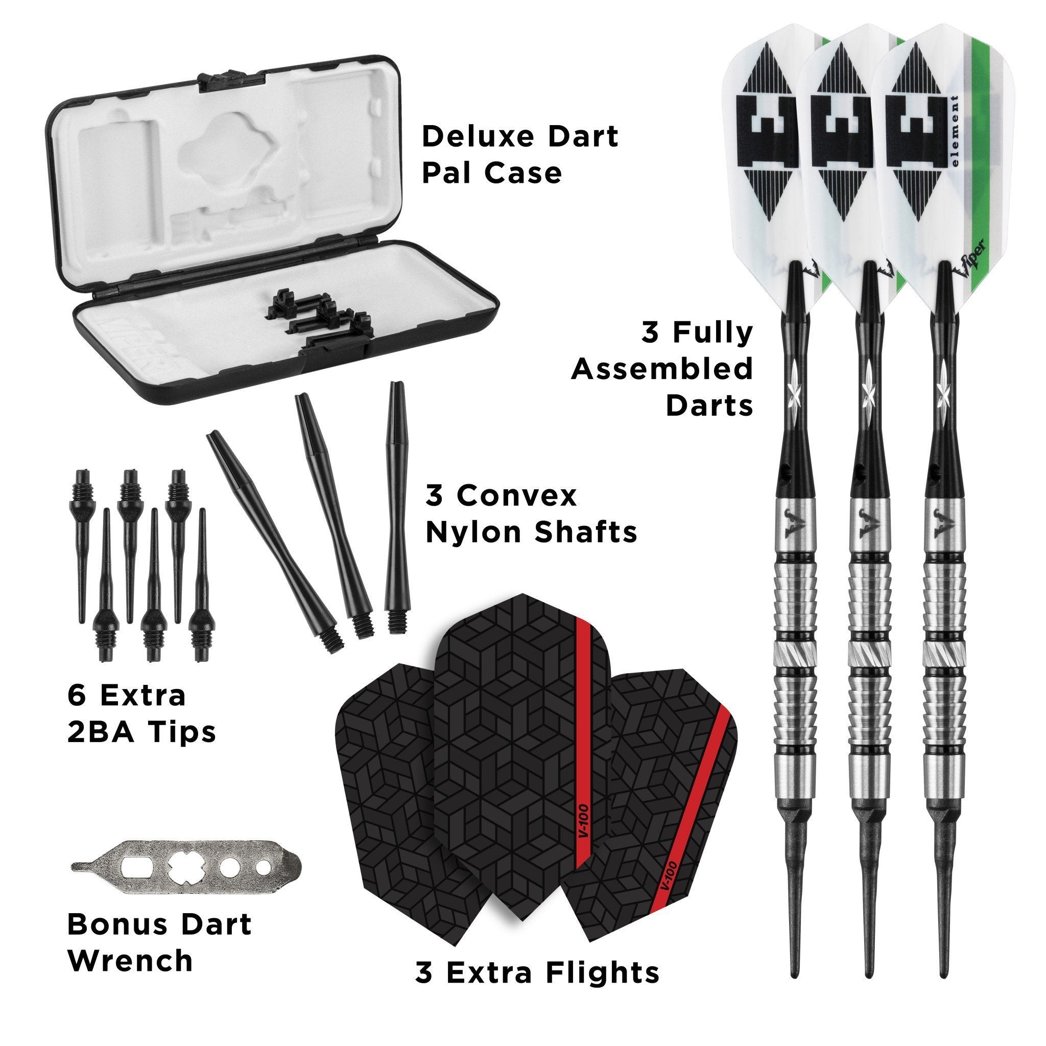 Infographic showing dart set with case, three assembled darts, shafts, tips, flights, and wrench