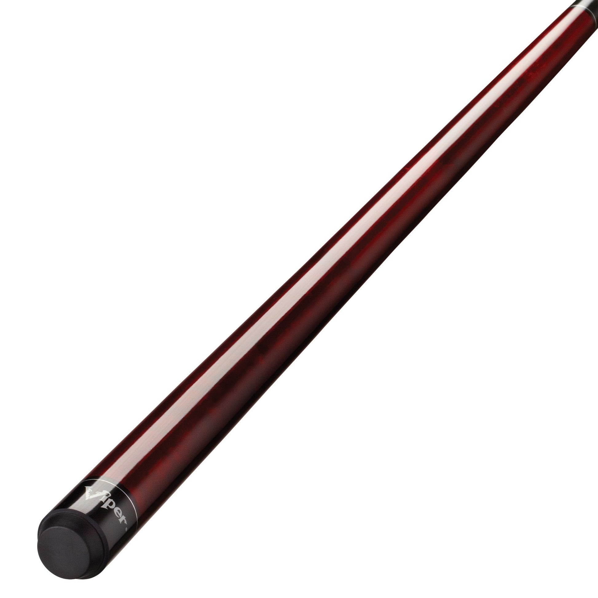 Dark red and white striped cue stick with black rubber grip end on white background