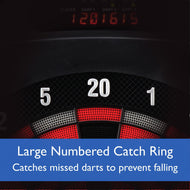 Electronic dartboard upper section with numbered catch ring showing 5, 20, 1 and red perforated areas