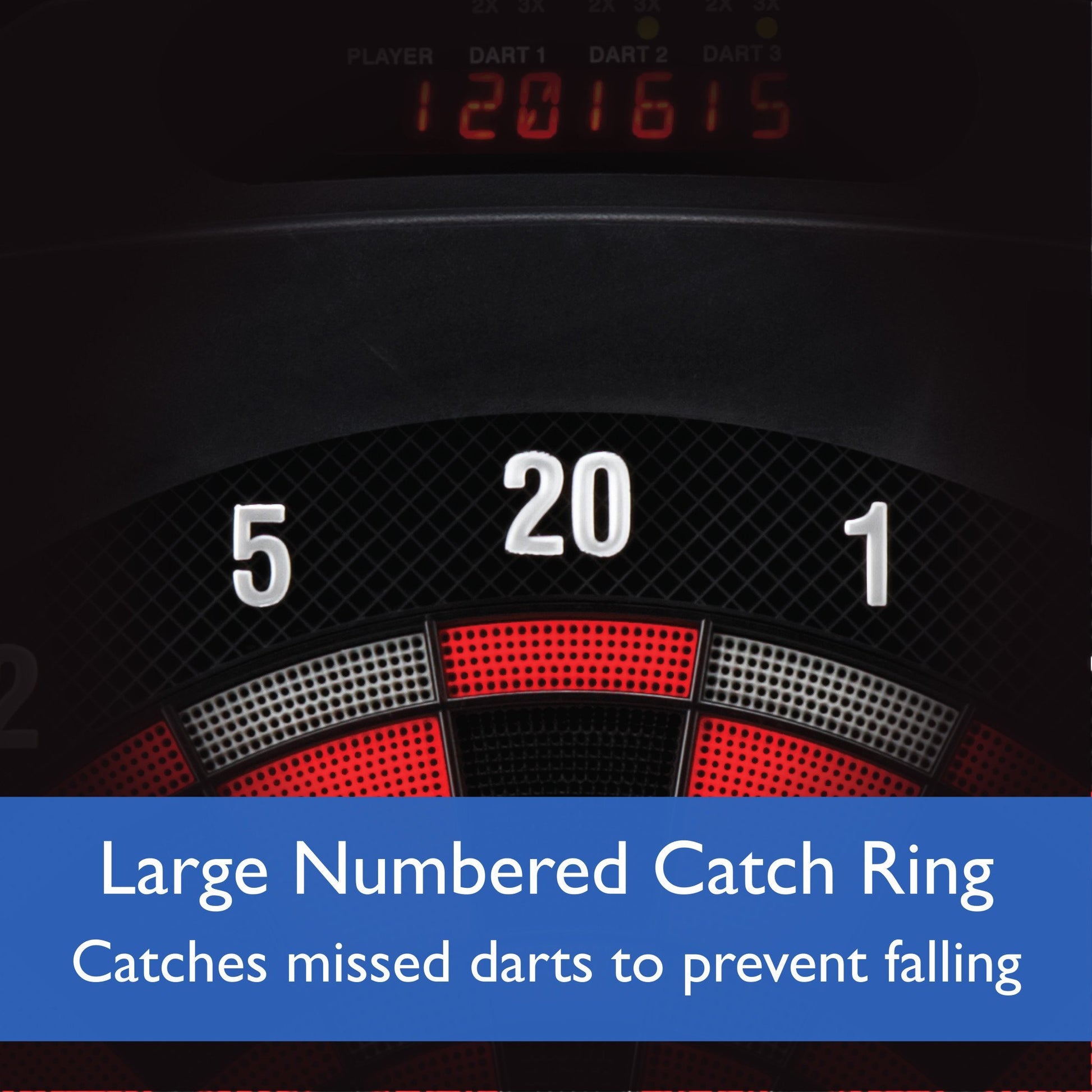 Electronic dartboard upper section with numbered catch ring showing 5, 20, 1 and red perforated areas