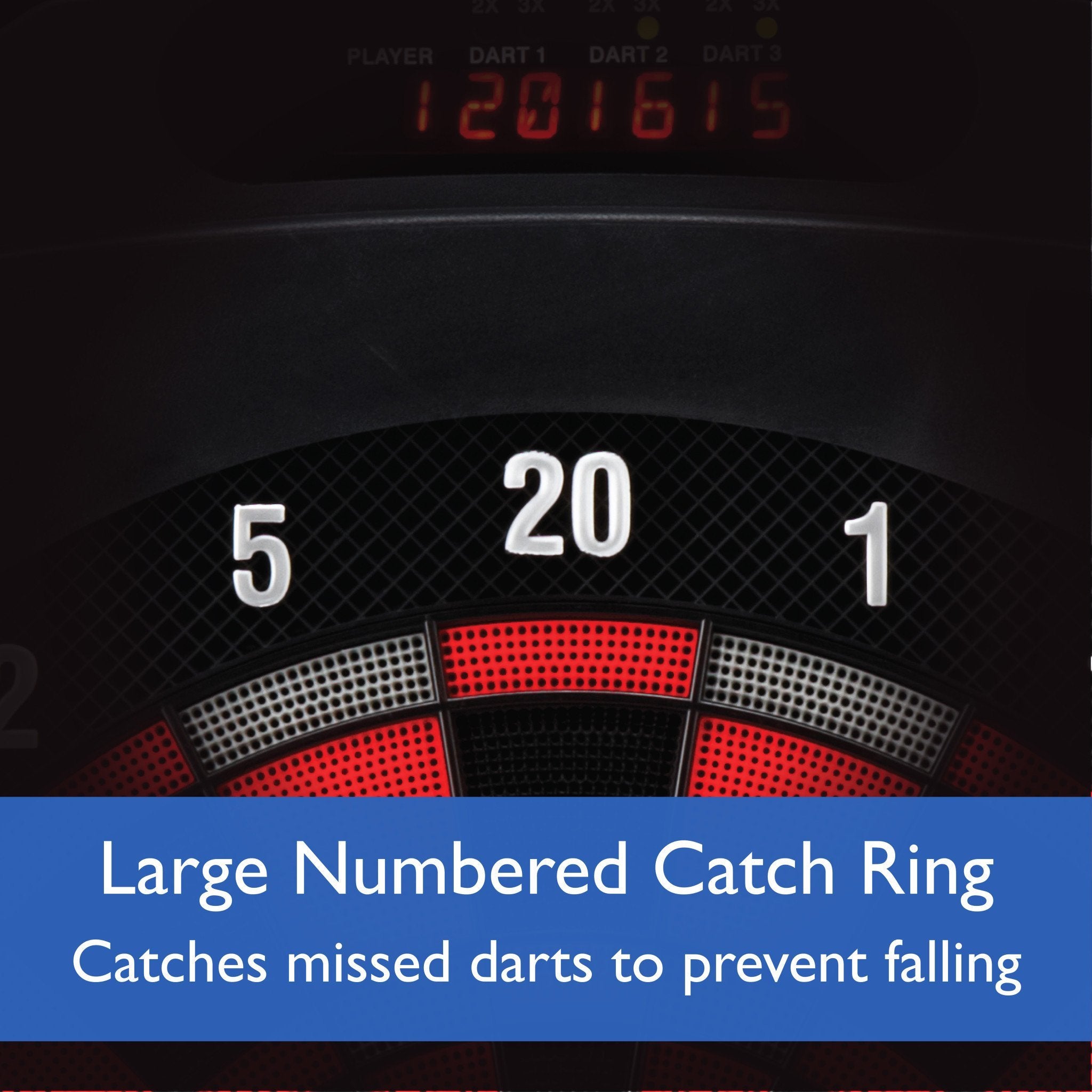 Electronic dartboard upper section with numbered catch ring showing 5, 20, 1 and red perforated areas