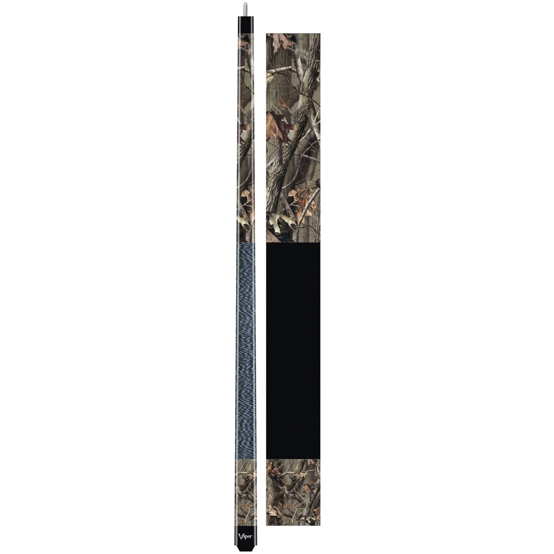 Two-piece cue stick with camouflage pattern and black wrap displayed vertically