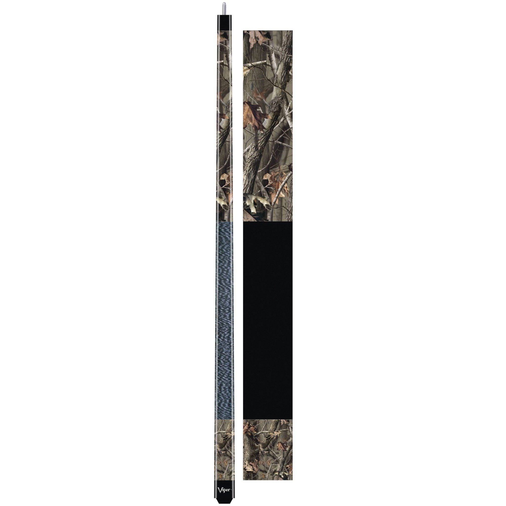 Two-piece cue stick with camouflage pattern and black wrap displayed vertically