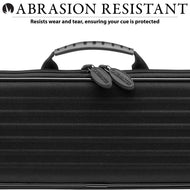 Black cue case with gray handle and two labeled zipper pulls