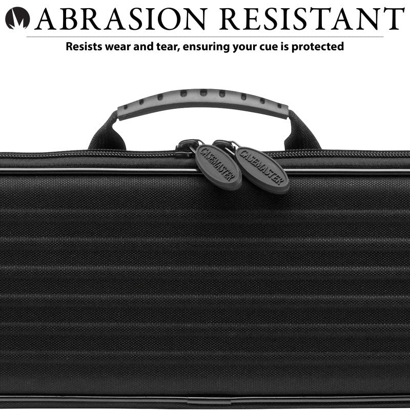 Black cue case with gray handle and two labeled zipper pulls