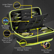 Black dart case with neon yellow trim showing storage pockets, zipper pocket, and phone pocket