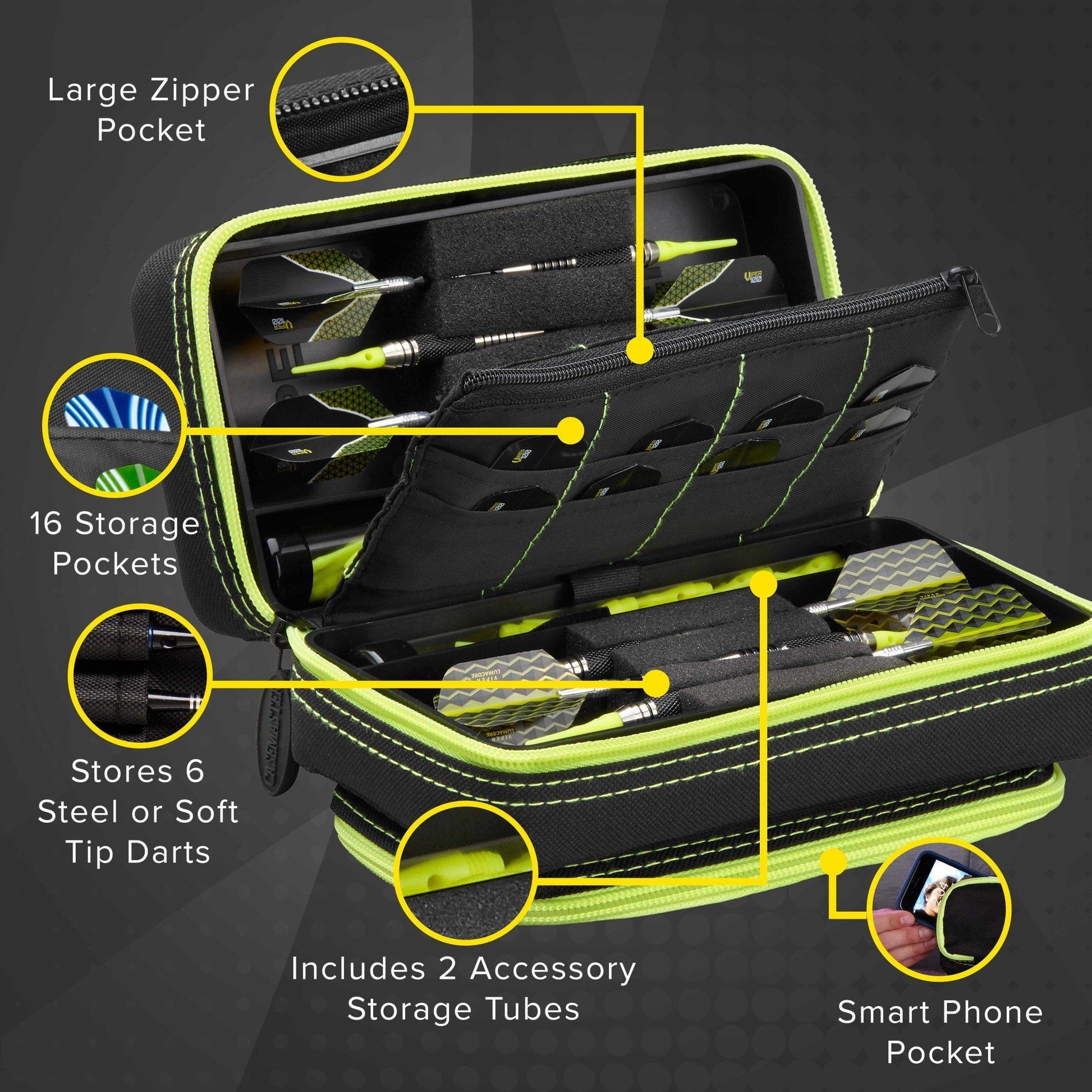 Black dart case with neon yellow trim showing storage pockets, zipper pocket, and phone pocket