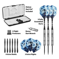 Dart set contents including case, 3 assembled darts, flights, shafts, flight protectors, and wrench