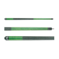 Three green billiard cue sticks with gray wrapped sections and metal joint hardware shown from top to bottom