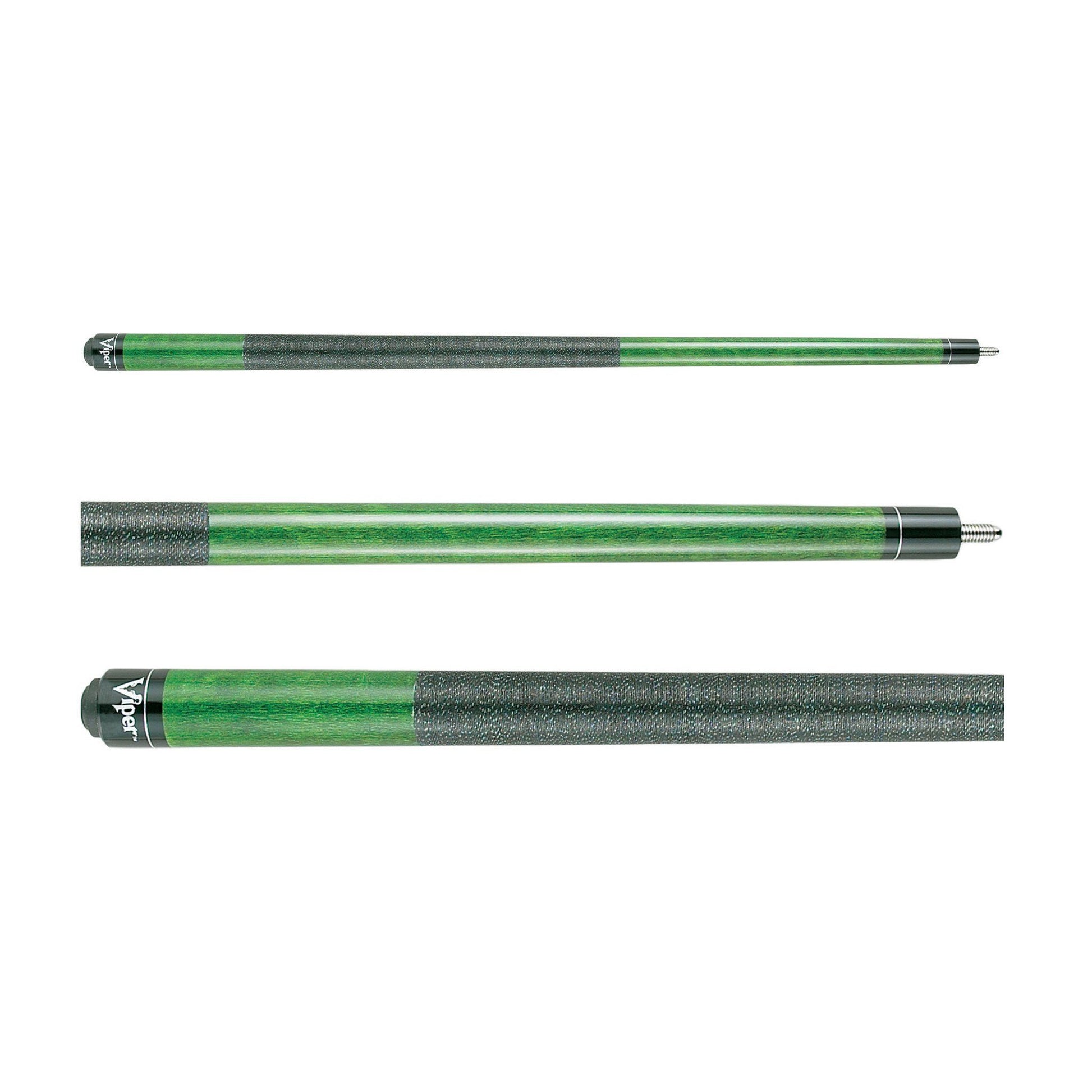 Three green billiard cue sticks with gray wrapped sections and metal joint hardware shown from top to bottom