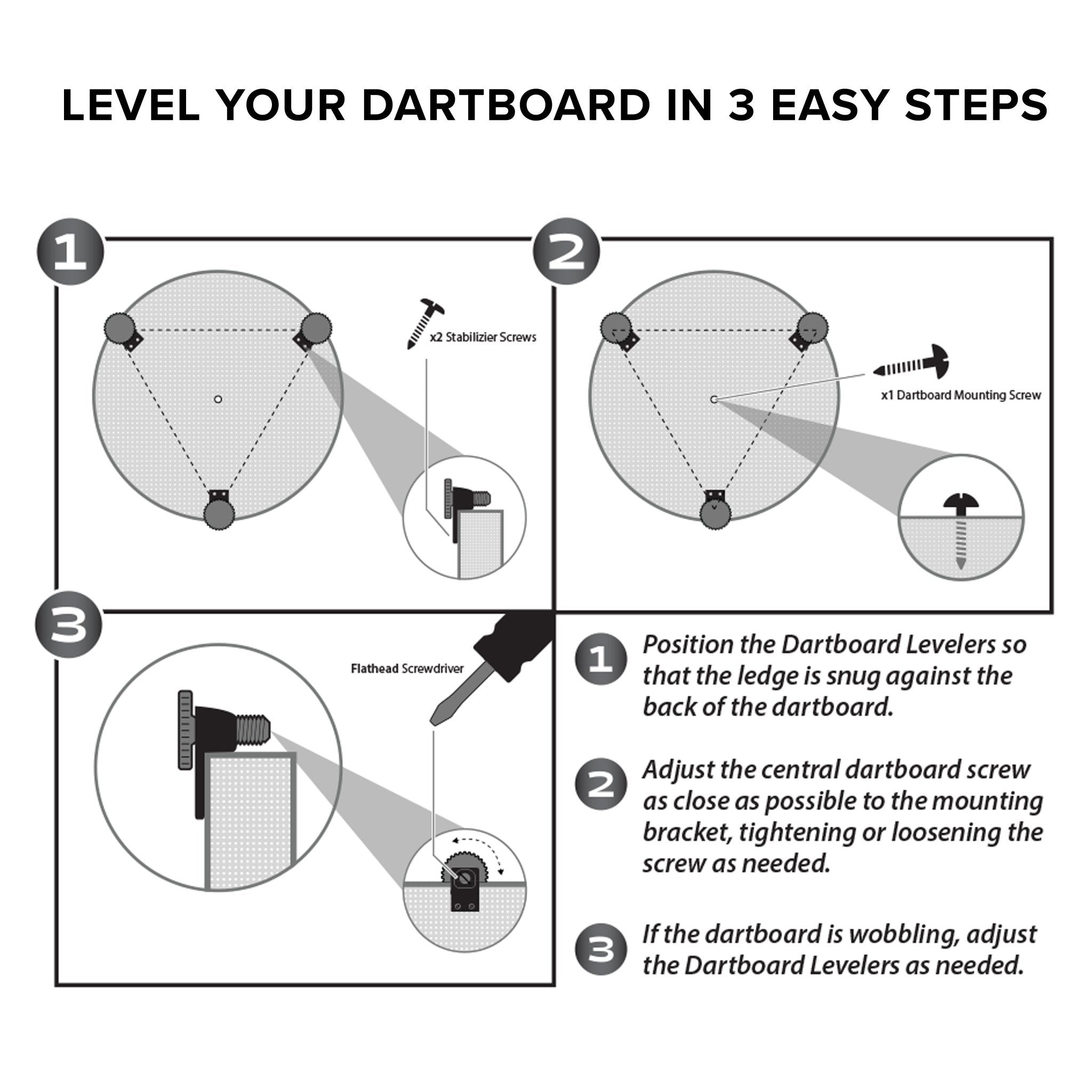 Three-step diagram showing dartboard leveling with stabilizer screws, mounting screw, and flathead screwdriver