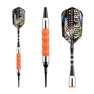 Three darts with black flights featuring white "Sure Grip" text, orange rubber grips, and silver metal barrels